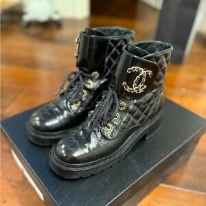 CHANEL Quilted Shiny Calfskin Patent Combat Boots Sz 37